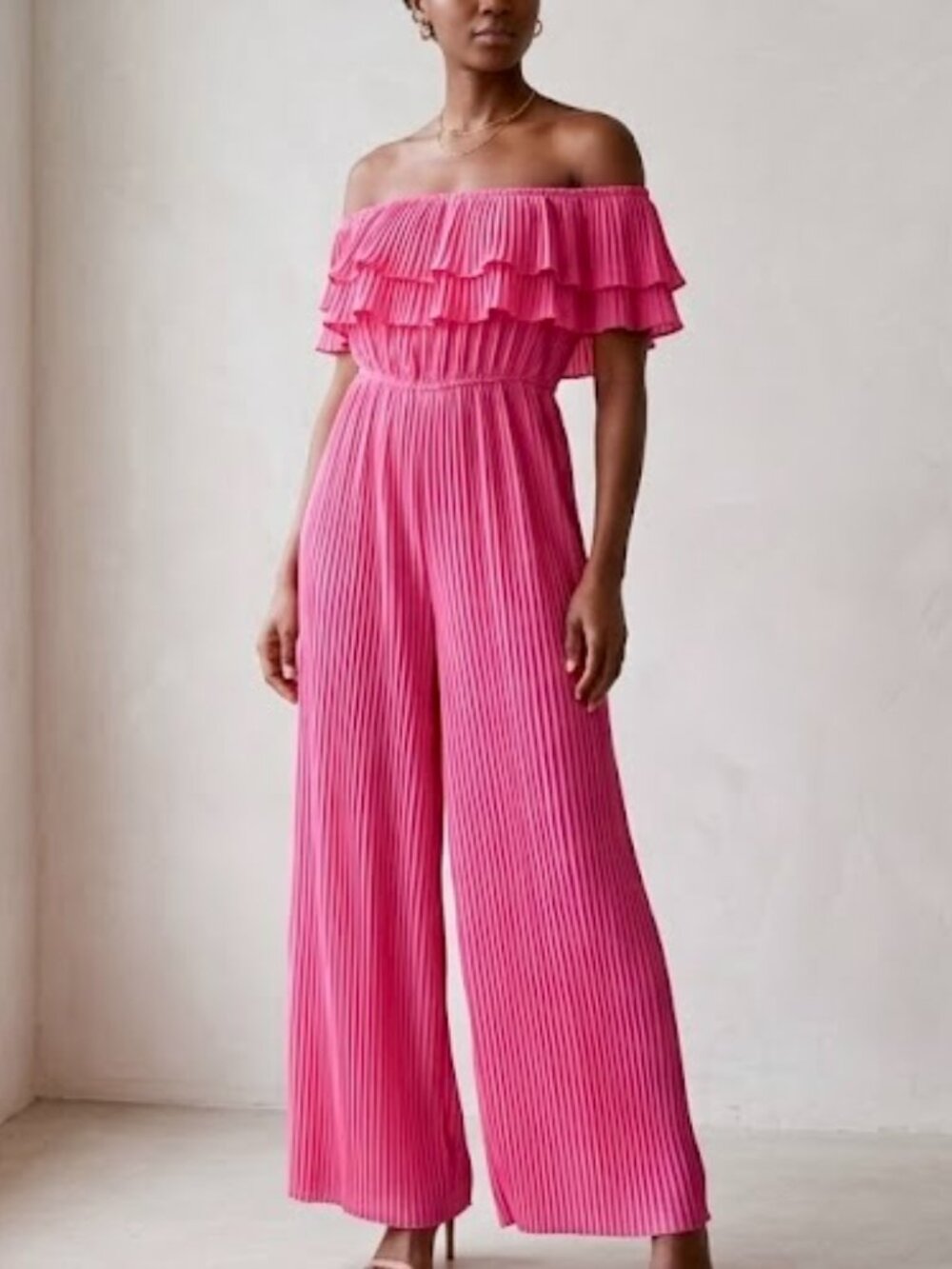 Nasty Gal Hot Pink Pleated Off-Shoulder Ruffle Barbiecore Glam Jumpsuit Size 10